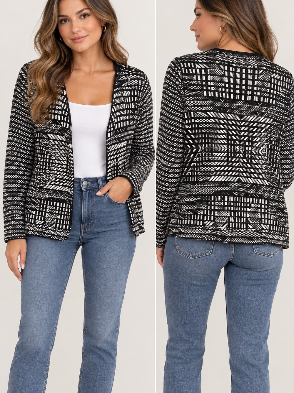 H&M Black & White Geometric Knit Cardigan
